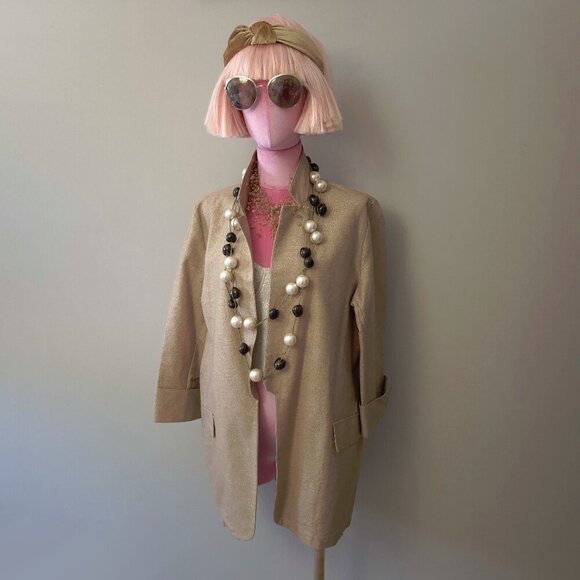 NWT Saiph gold tone metallic sheen shimmer tan camel brown open front blazer, L - Picture 3 of 10